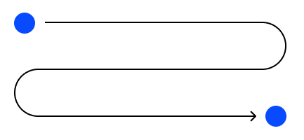 Two blue dots connected by a black curved line with upward arrows at both ends on a transparent background.