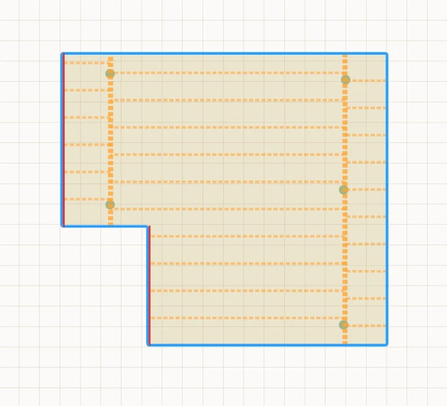 Deck plan measured by AI takeoff, with joists and posts marked